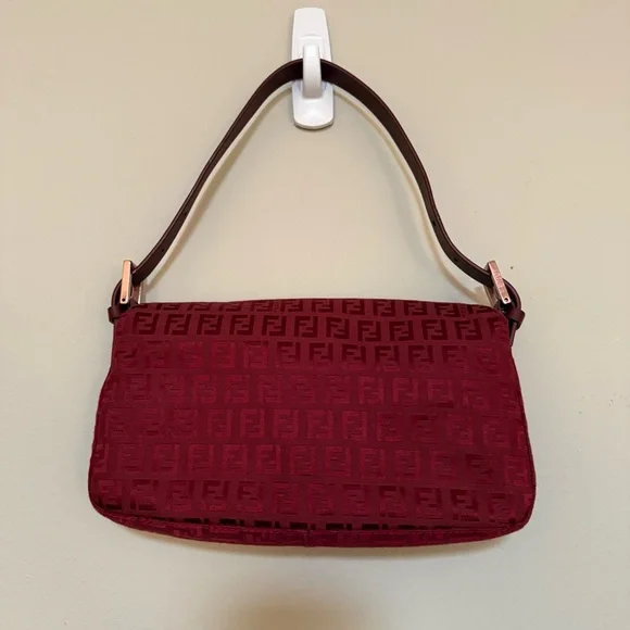 RARE Rose Gold Hardware Fendi Zucchino Baguette Bag in Red / Burgundy - Picture 2 of 11